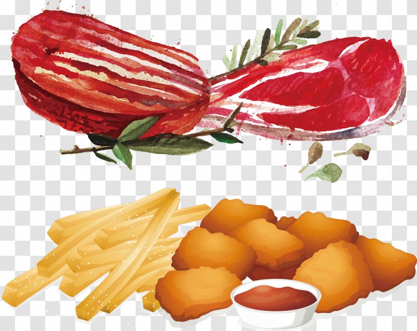 Chicken Nugget French Fries Hamburger Fast Food Fingers - Garnish - Hand Painted Watercolor Meat Transparent PNG