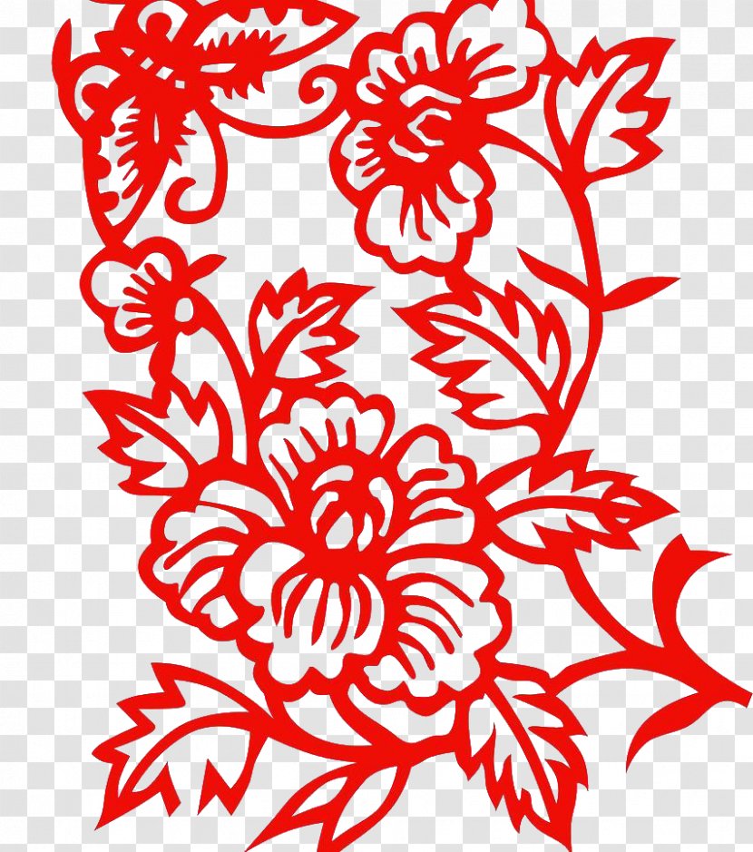 Papercutting Moutan Peony Chinese Paper Cutting New Year - Floral Design - Red Decorative Elements Transparent PNG
