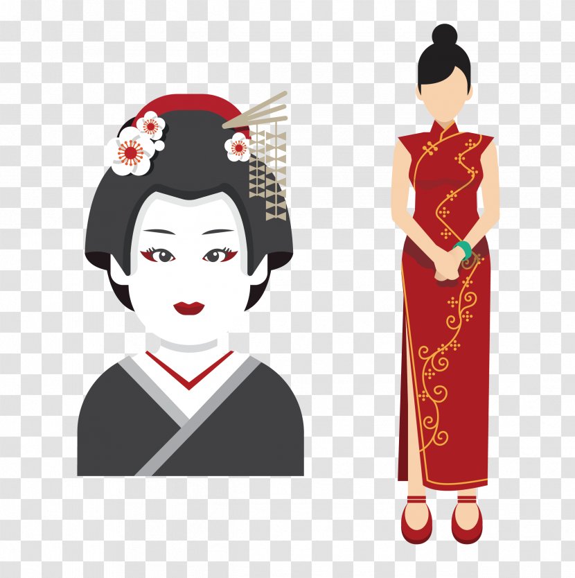 Japan Icon - Cartoon - Chinese Cheongsam Woman With Japanese Geisha Transparent PNG