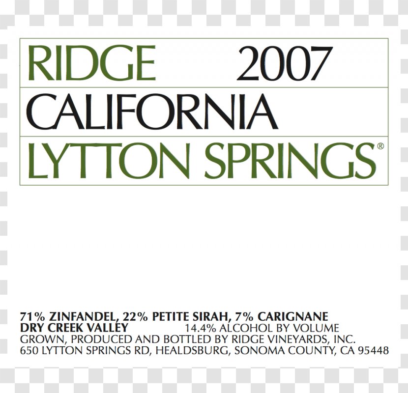 Lytton Springs Ridge Vineyards Dry Creek Valley AVA Zinfandel Wine - Watercolor Transparent PNG