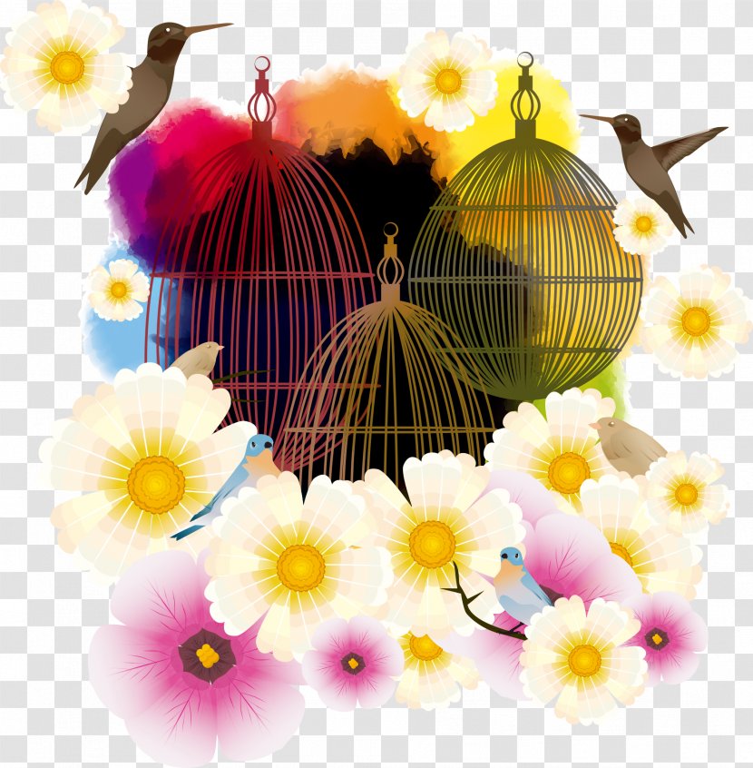 Birdcage Floral Design - Vector Bird Cage And Flowers Transparent PNG
