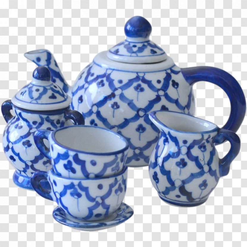 Tea Set Kettle Blue And White Pottery Saucer - Coffee Cup Transparent PNG