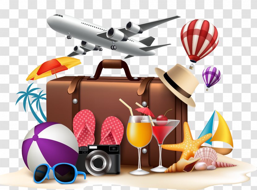 Travel Summer Vacation Beach - Exquisite Aesthetic Plane Slipper Ball Balloon Juice Glasses Starfish Palm Sailboat Transparent PNG