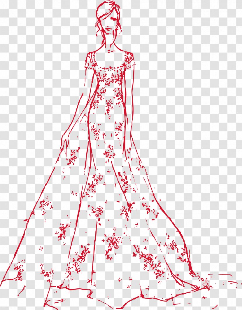 Drawing Fashion Wedding Dress Bride Sketch - Flower - Vector Show Transparent PNG