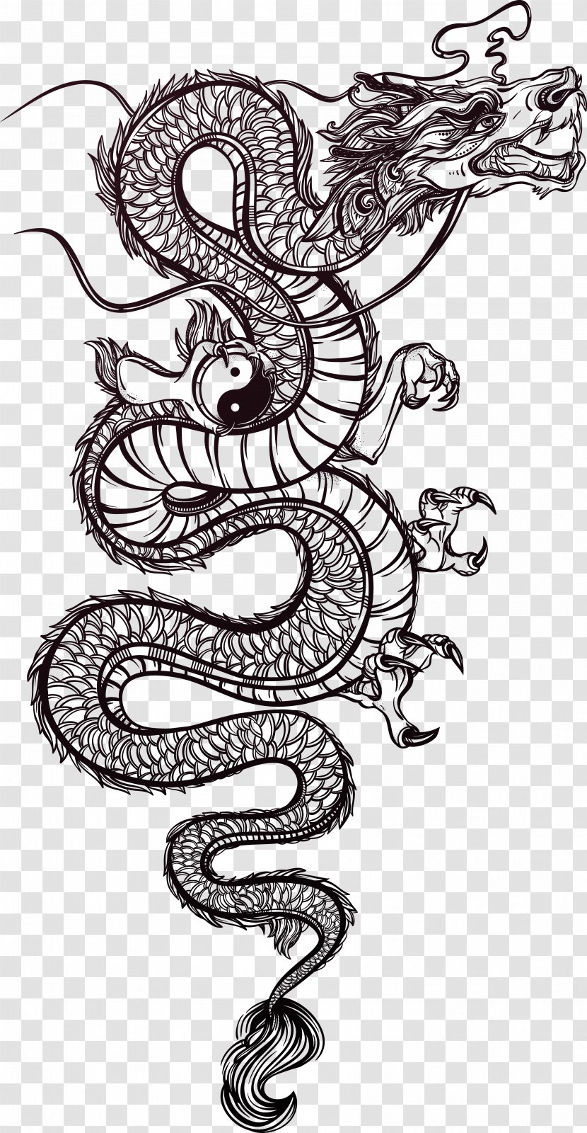 Chinese Dragon Tattoo Illustration - Flower - Hand-painted Vector Transparent PNG