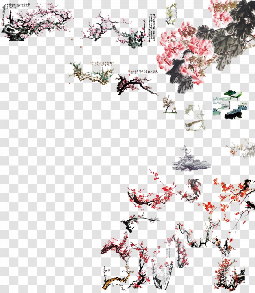 Ink Wash Painting Chinoiserie Flower Chinese - Spring - China Wind Trees Collection Transparent PNG