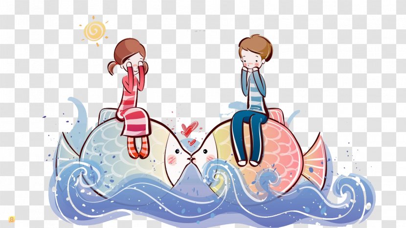 Cartoon Couple High-definition Television Drawing Wallpaper - Watercolor - Two Fish Kiss Transparent PNG