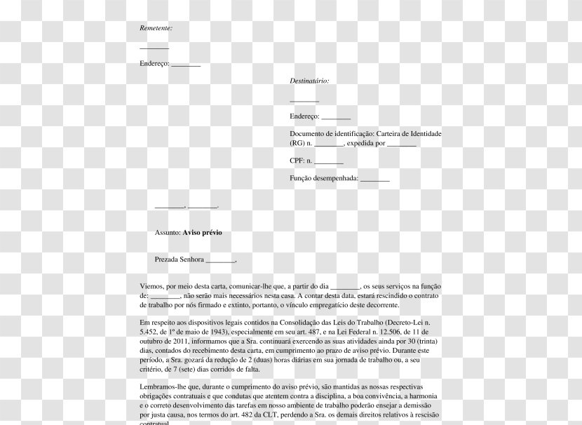 Document Aviso Prévio Letter Empregado Dismissal - Cartas Transparent PNG