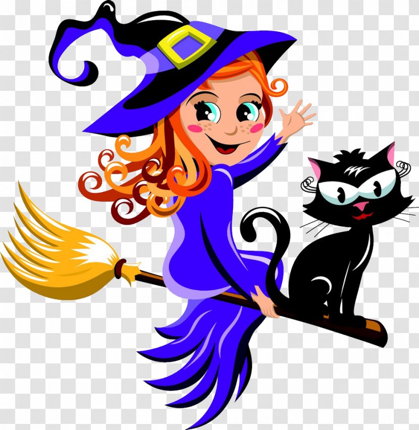 Black Cat Witchcraft Halloween - Royaltyfree - Witch Sitting On Broom Transparent PNG