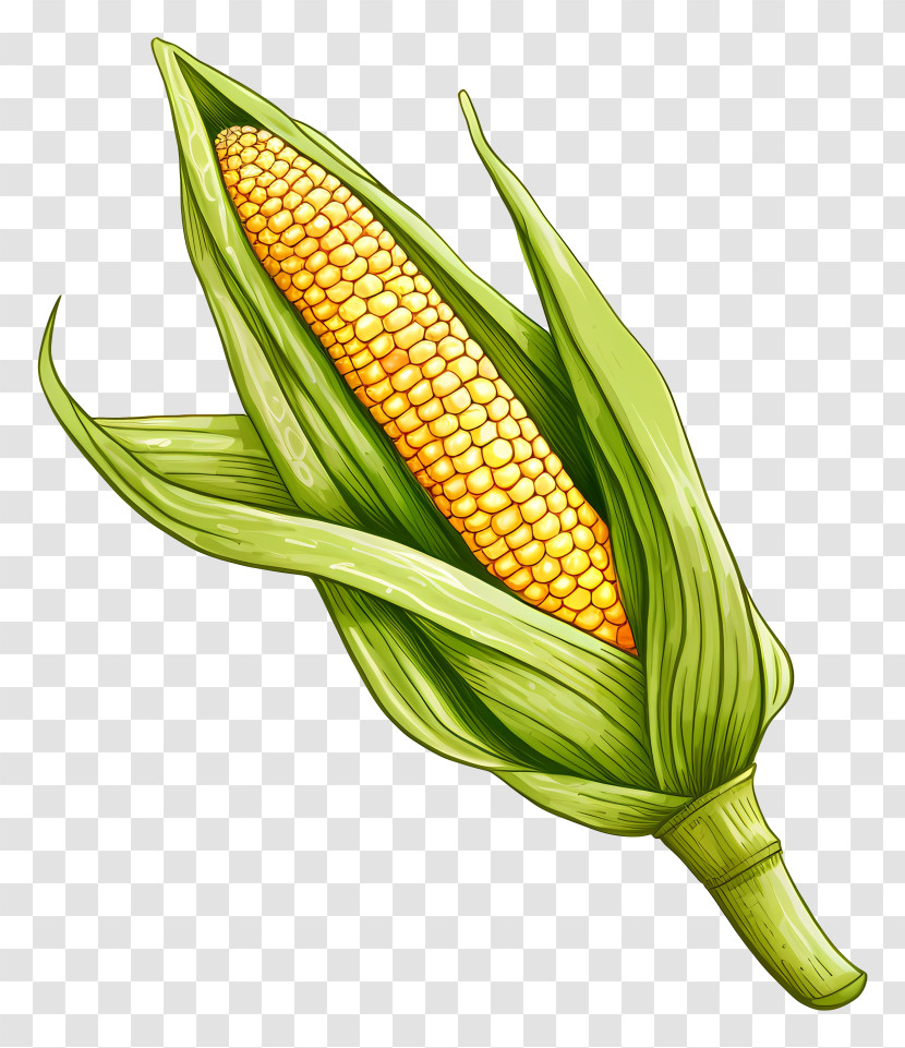 Corn - Illustrated Corn On The Cob With Leaves Transparent PNG