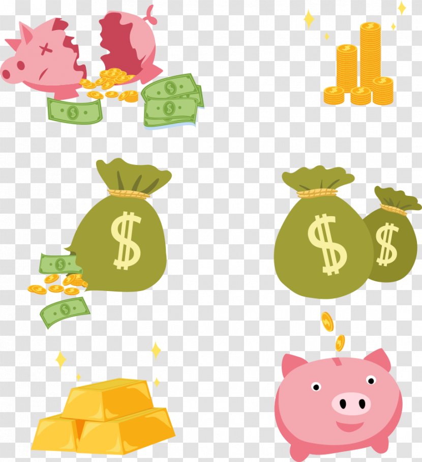 Money Bag Saving Gold Coin - Yellow - Vector Pig Purse And Save Transparent PNG
