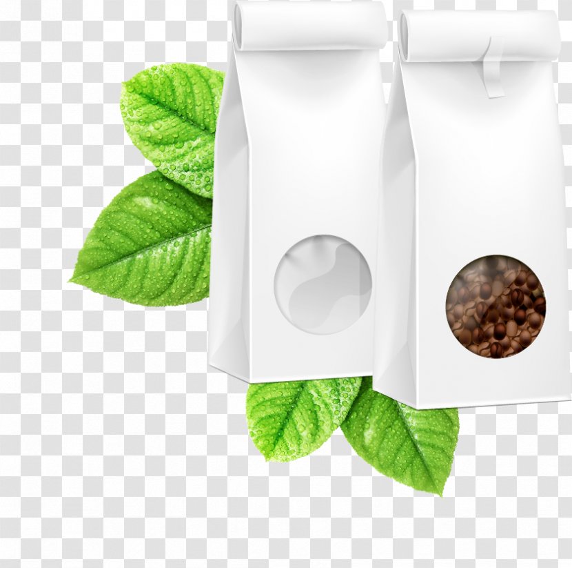 Coffee Paper Bag - Product Design - Green Leaves On White Bags Transparent PNG