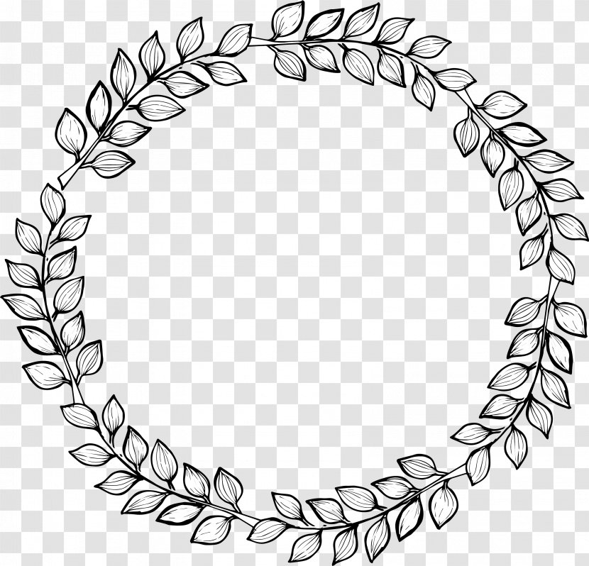 Drawing Leaf Wreath - Black And White - Hand Painted Leaves Decorated With Garlands Transparent PNG