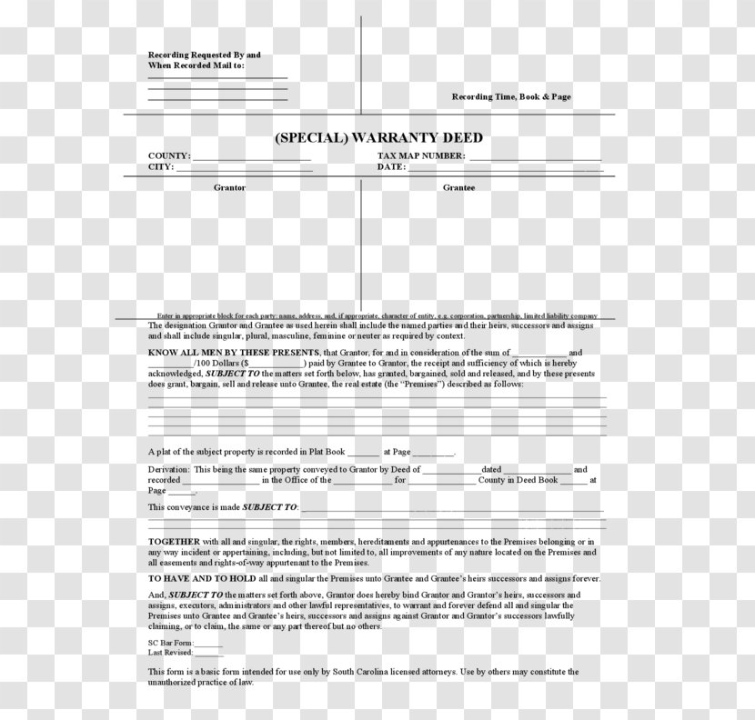 Warranty Deed Document South Carolina Real Estate - Receipt Transparent PNG