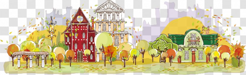 Cartoon Autumn Illustration - Paint - Town Transparent PNG