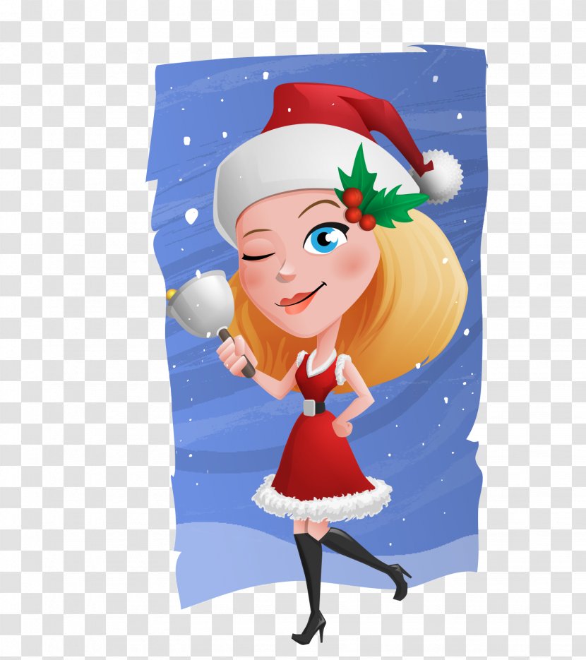 Female Illustration - Character - Hand-painted Cartoon Woman Take Snow Christmas Bells Transparent PNG