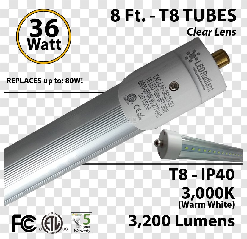 LED Tube Fluorescent Lamp Light-emitting Diode - Led - T8 Tubes Transparent PNG