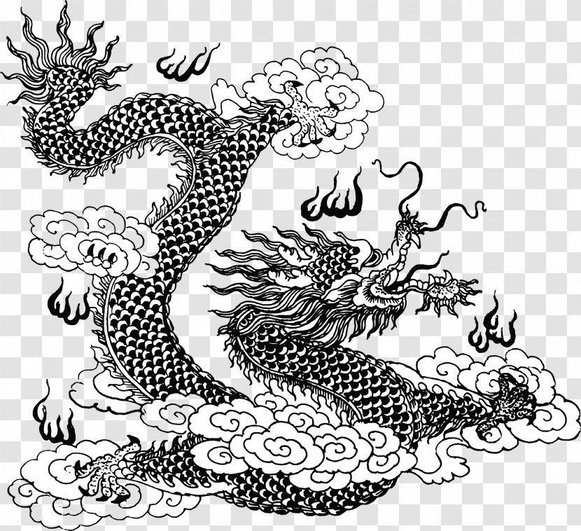 Chinese Dragon Line Art Mythology Clip - Monochrome Photography - Bearded Transparent PNG