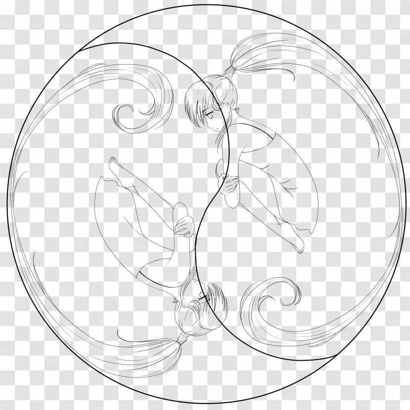 Black And White Line Art Drawing Cartoon Sketch - Watercolor - Ying Yang Symbol Transparent PNG