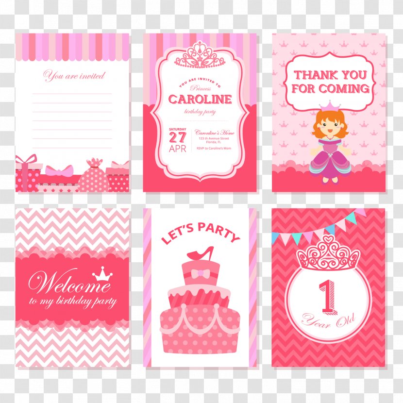 Vector Pink Princess Birthday Cards - Illustrator - Greeting Note Transparent PNG
