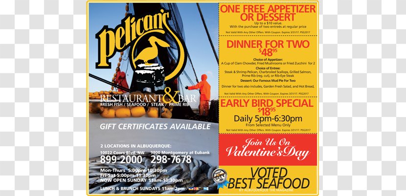 Pelican's Restaurant Coupon Flyer - Menus Online Transparent PNG