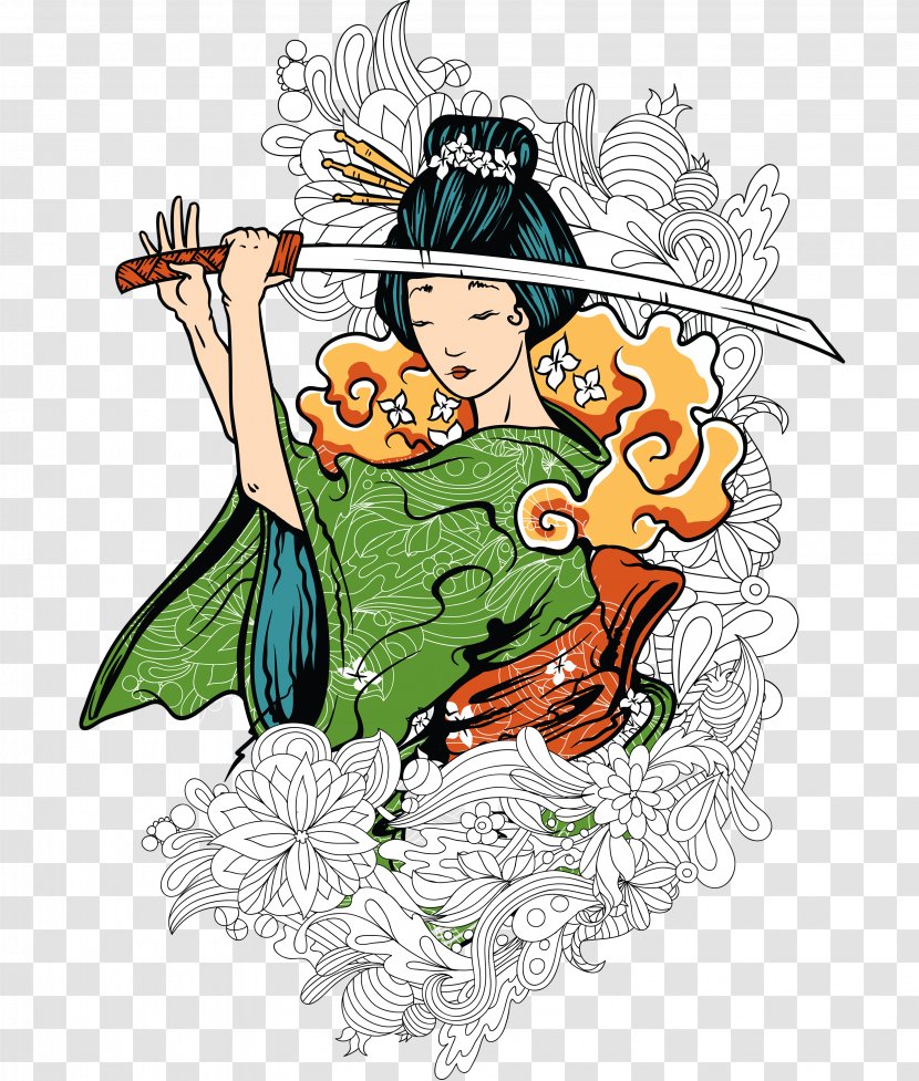 T-shirt Hoodie Geisha Royalty-free - Royaltyfree - Hand-painted Japanese Warrior Transparent PNG