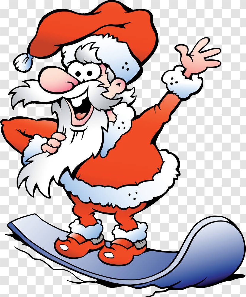 Santa Claus Snowboarding Cartoon Drawing - Artwork - Single Board Taxi Transparent PNG