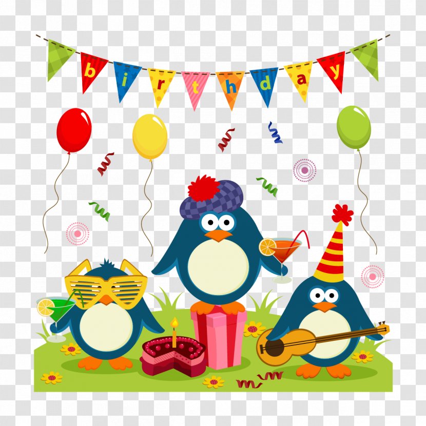 Penguin Cuteness Drawing Greeting Card - Vertebrate - Vector Partying Penguins Transparent PNG