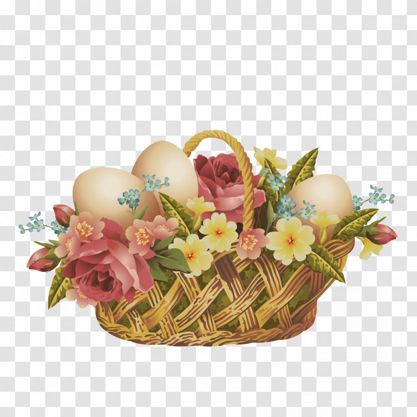 Easter Bunny Basket Clip Art - Vector Hand-painted Decorative Flower Transparent PNG