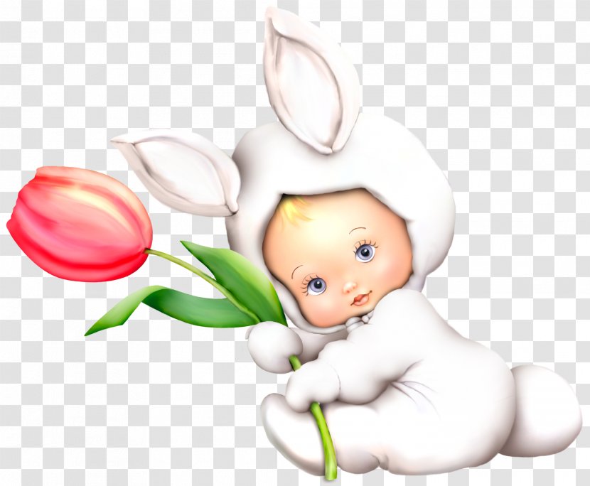 Easter Happiness Love Illustration - Child - Bunny Kid With Tulip Clipart Picture Transparent PNG