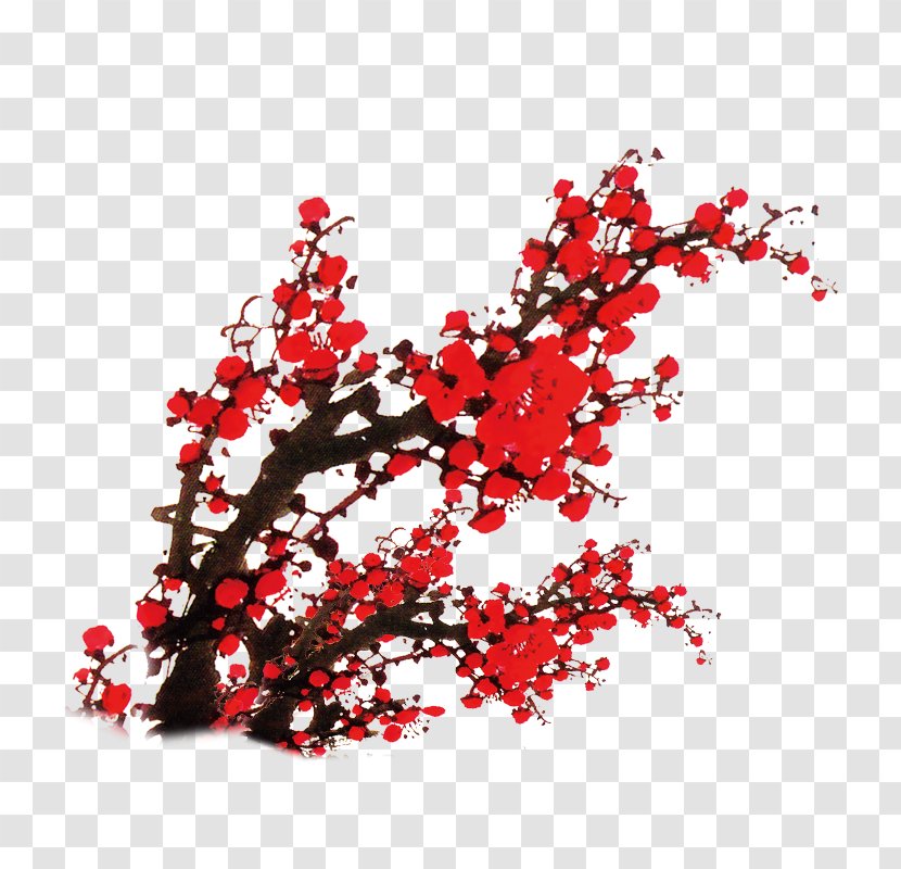 Red - Flower - Chinese Wind Plum Ink Decorative Pattern Transparent PNG