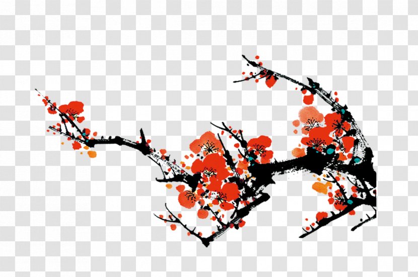Plum Blossom Ink Wash Painting - Twig Transparent PNG