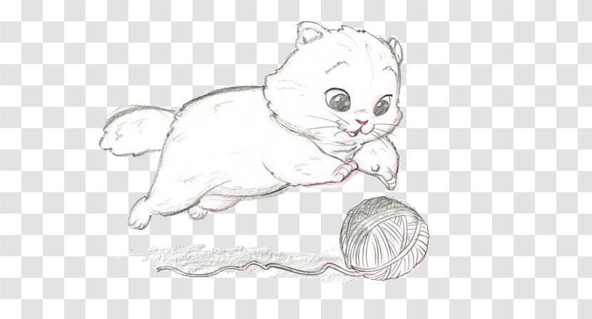 Kitten Cat Puppy Drawing Cartoon - Monochrome - And Ball Of Yarn Transparent PNG
