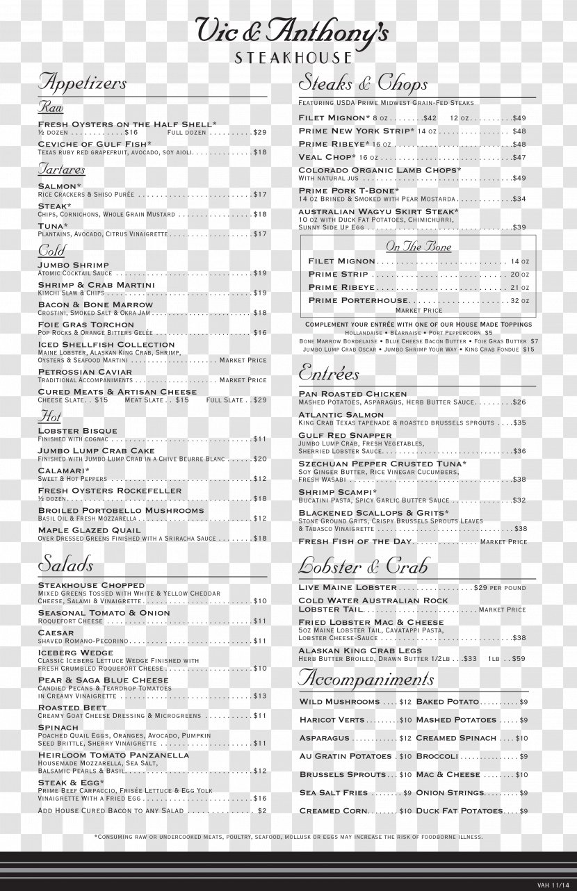 Menu Chophouse Restaurant Vic & Anthony's Steakhouse Take-out - Frame Transparent PNG