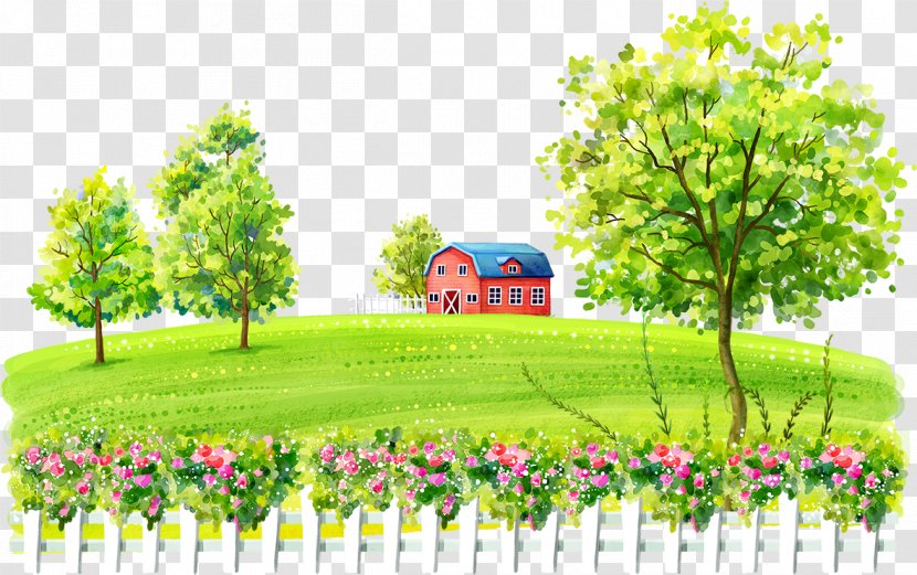 Cartoon Fukei Download Illustration - Flora - Small Red House And Trees Transparent PNG