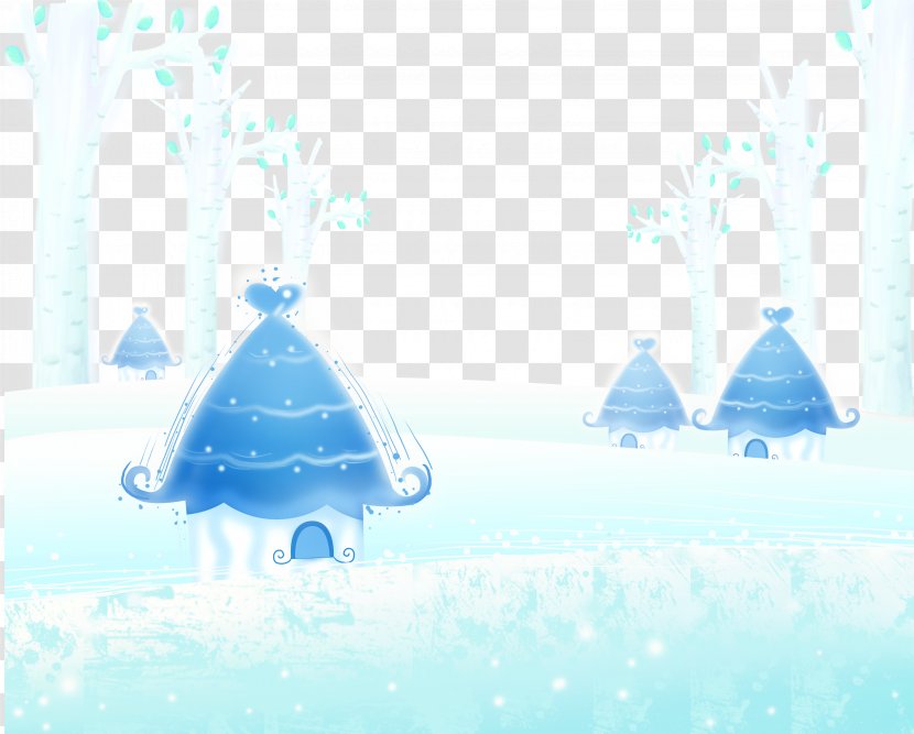 Snow Winter Poster Wallpaper - Cartoon - Blue Fairy Tale Cottage Background Material Transparent PNG