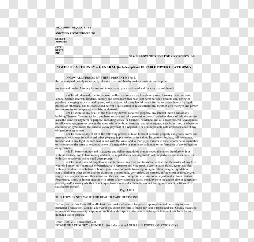 Power Of Attorney California Form General Document - Revocation - Attorneyinfact Transparent PNG