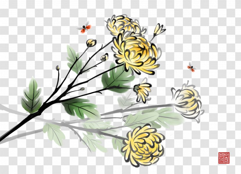 Chrysanthemum Xd7grandiflorum Ink Wash Painting Double Ninth Festival - Yellow - Chinese Transparent PNG