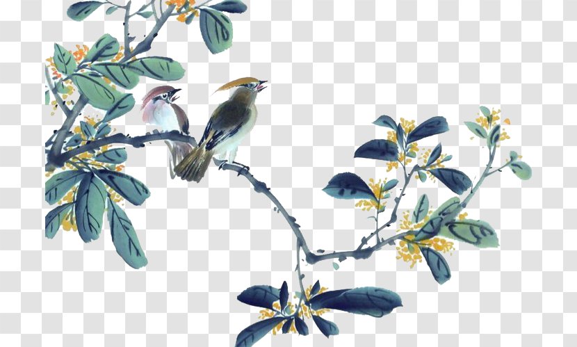 Chinese Painting Ink Wash Gongbi Watercolor - Birdandflower - Bird Tree Transparent PNG