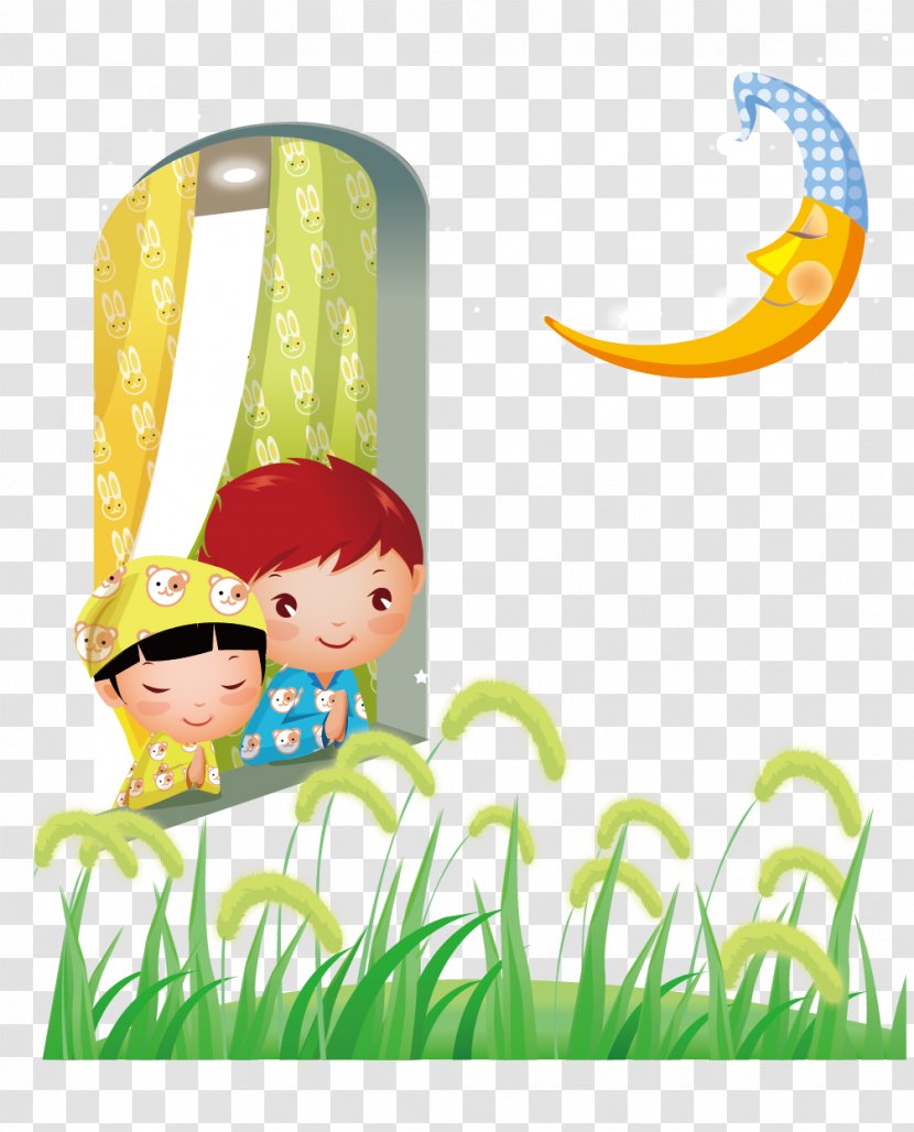 Download Illustration - Green - Children Standing At The Window Watching Moon Transparent PNG