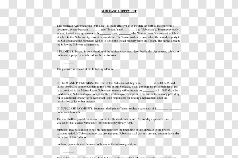 Document Template Rental Agreement PDF Microsoft Word - Text - Sublease Transparent PNG