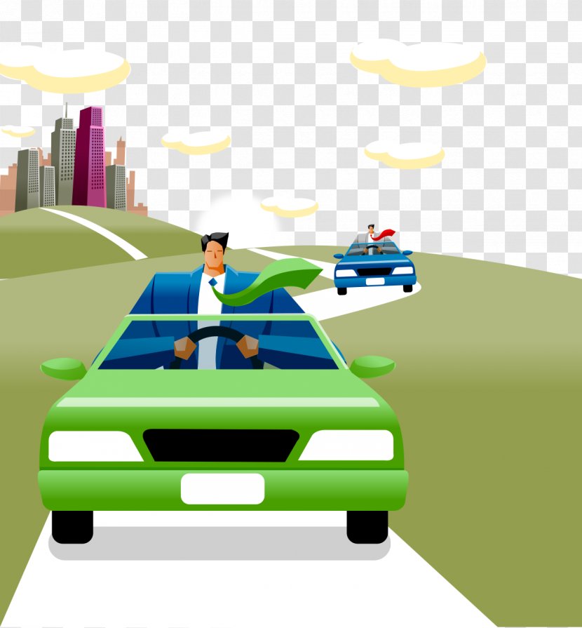 Cartoon Hyundai Motor Company - Driving - Vector Green Car Man Grass Building Transparent PNG