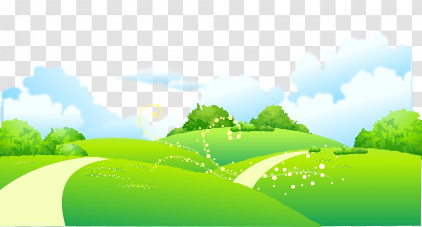 Landscape Drawing Euclidean Vector Illustration - Leaf - Cartoon Painted Green Meadow On The Outskirts Of Road Trees Transparent PNG