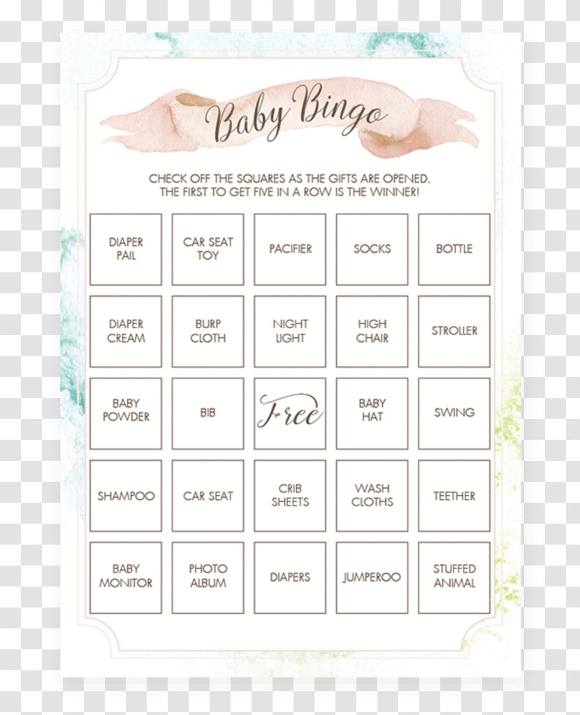 Watercolor Painting Game Bingo Card Unique Baby Shower Transparent PNG