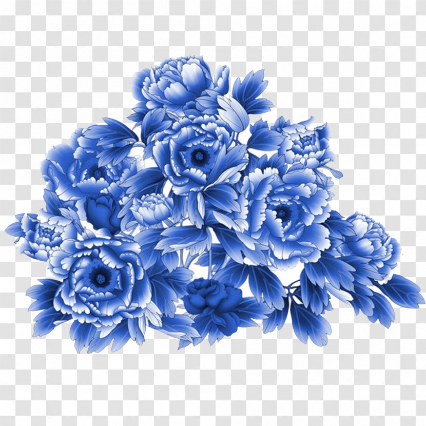 Moutan Peony Blue And White Pottery Illustration - Flower Transparent PNG