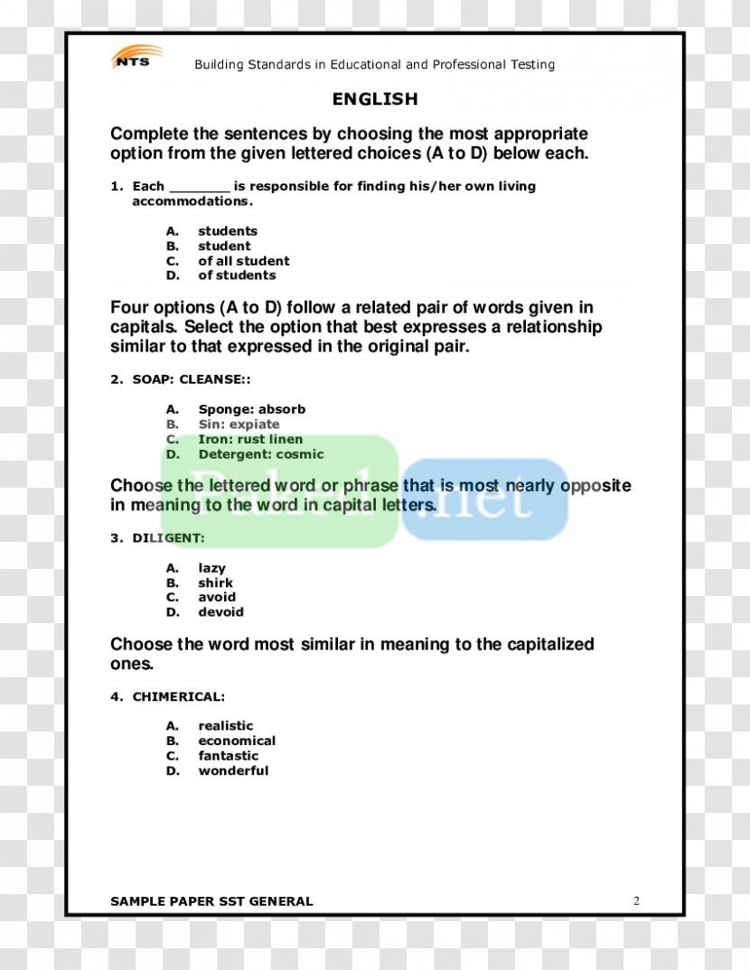 Past Paper National Testing Service Education - Elementary And Secondary - Exam Pattern Transparent PNG