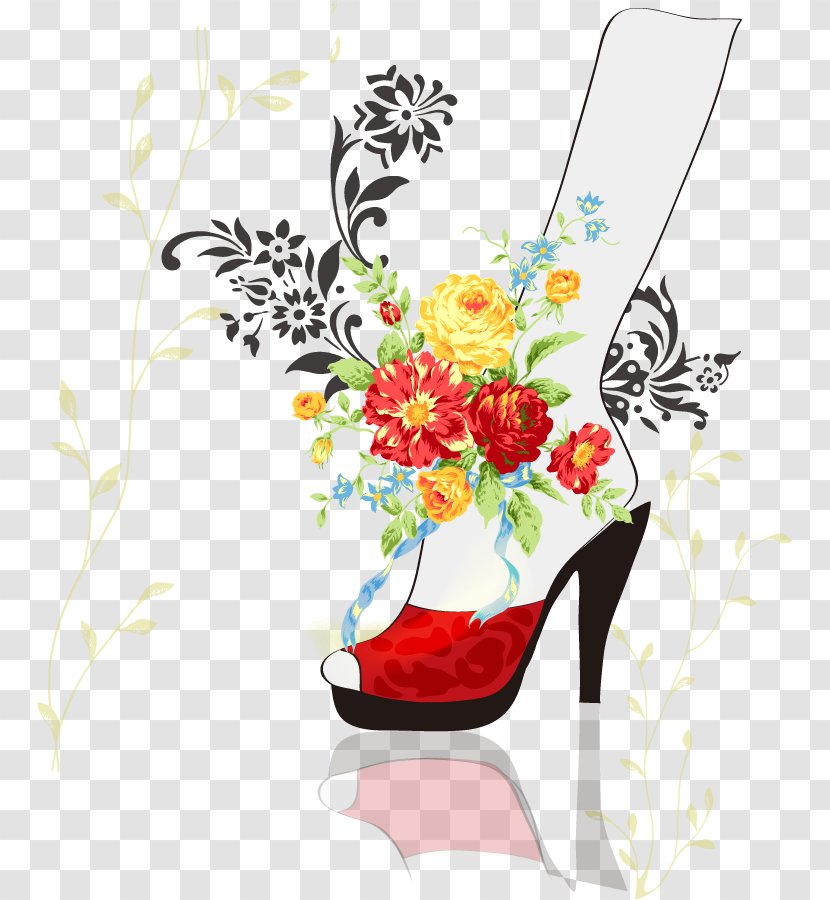 Floral Design High-heeled Shoe Fashion Handbag Transparent PNG