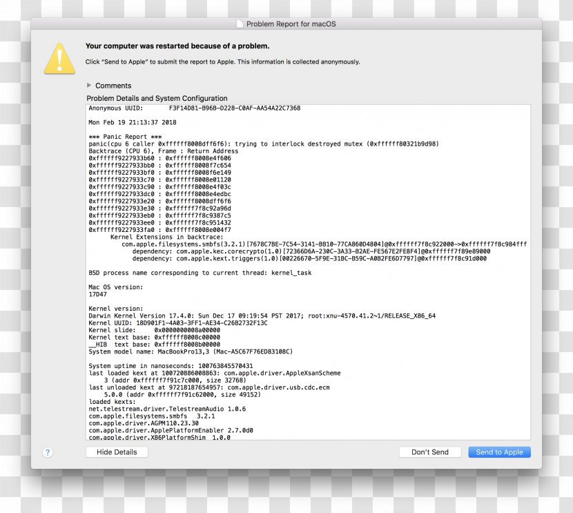 MacBook Pro Screenshot Kernel Panic - Macos High Sierra - Macbook Transparent PNG