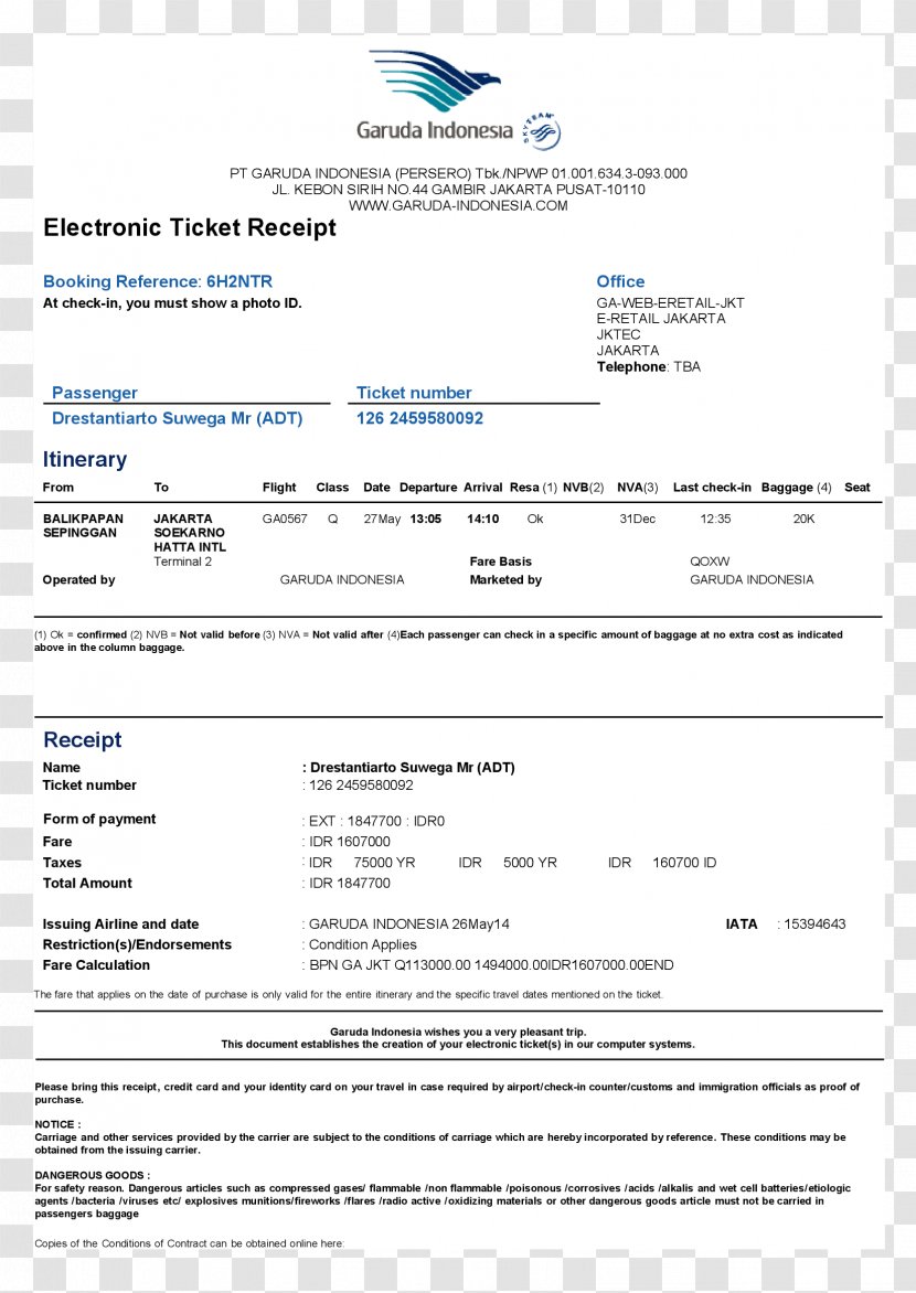 Electronic Ticket Airline Indonesia Bus - Garuda Transparent PNG