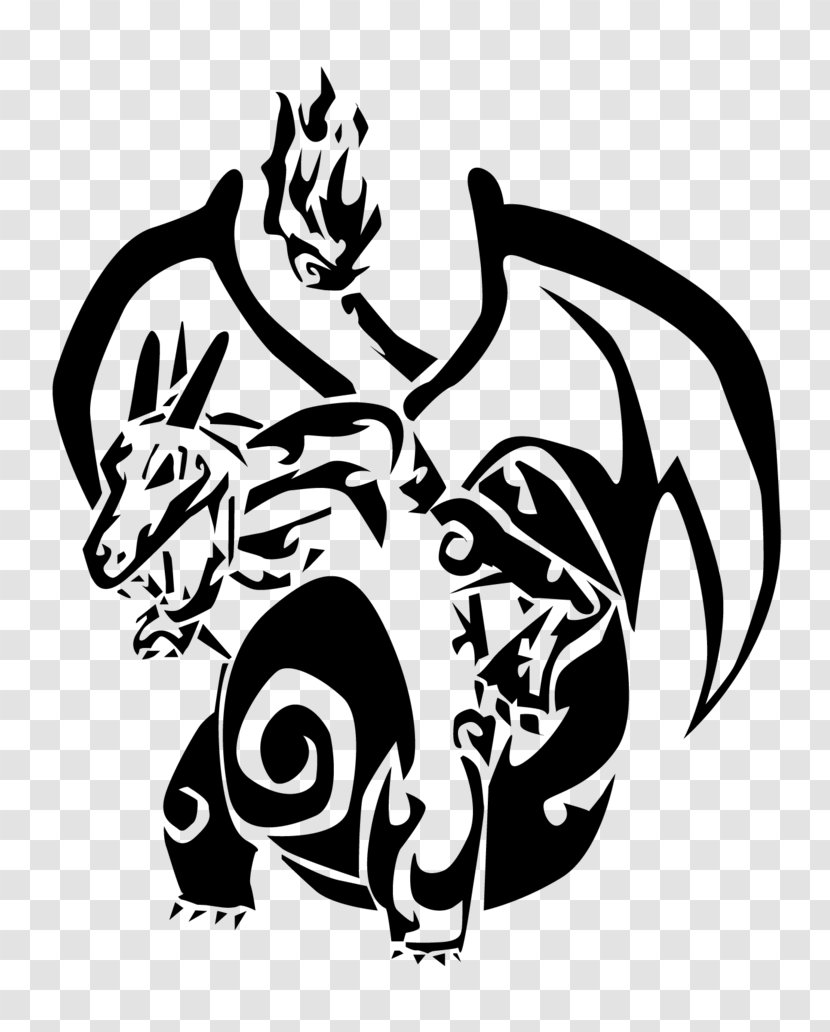 Pokemon Black & White Charizard Charmander Clip Art - Monochrome - Tribal Vector Transparent PNG